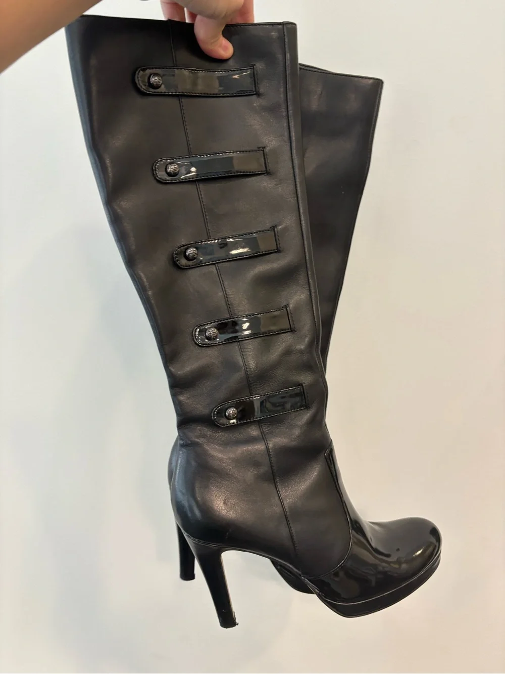 Franco Sarto Vintage Y2K Bucnle Black Knee-High Patent & Leather Heeled Boots 8